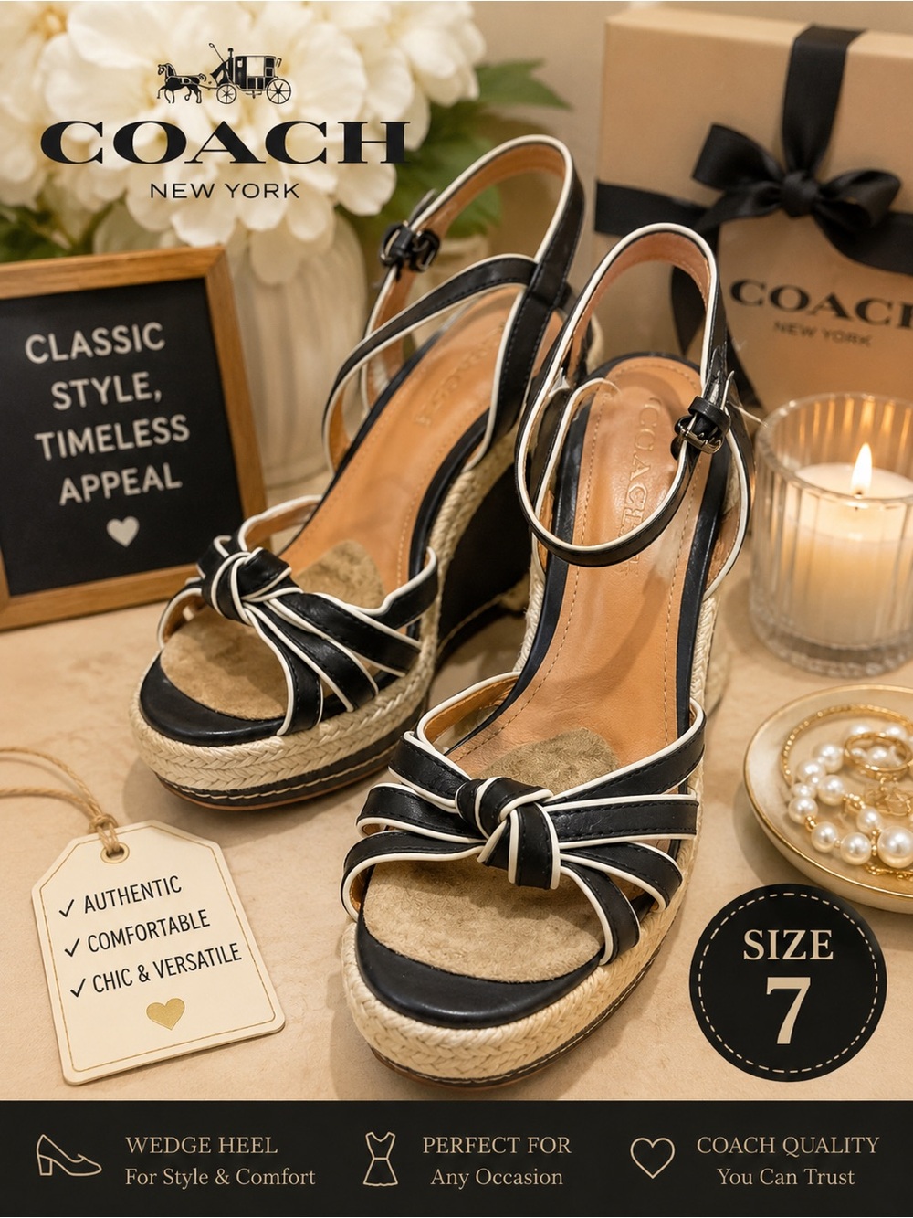 COACH Black and White Knotted Espadrille Wedge Sandals